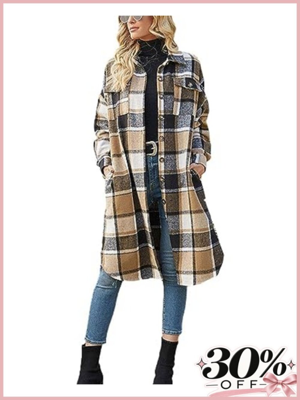 Women's Plaid Wool Blend Long Shacket Button Up Coat with Pockets